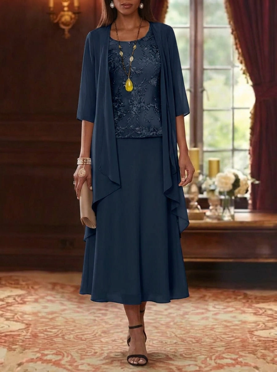 2 Pieces A Line Princess Scoop Chiffon Mother Of The Bride Dresses With Jacket 3 4 Sleeves Tea Length Lace