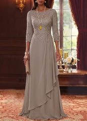 A Line Princess Scoop Chiffon Mother Of The Bride Dresses 3 4 Sleeves Lace Floor Length With Pleated