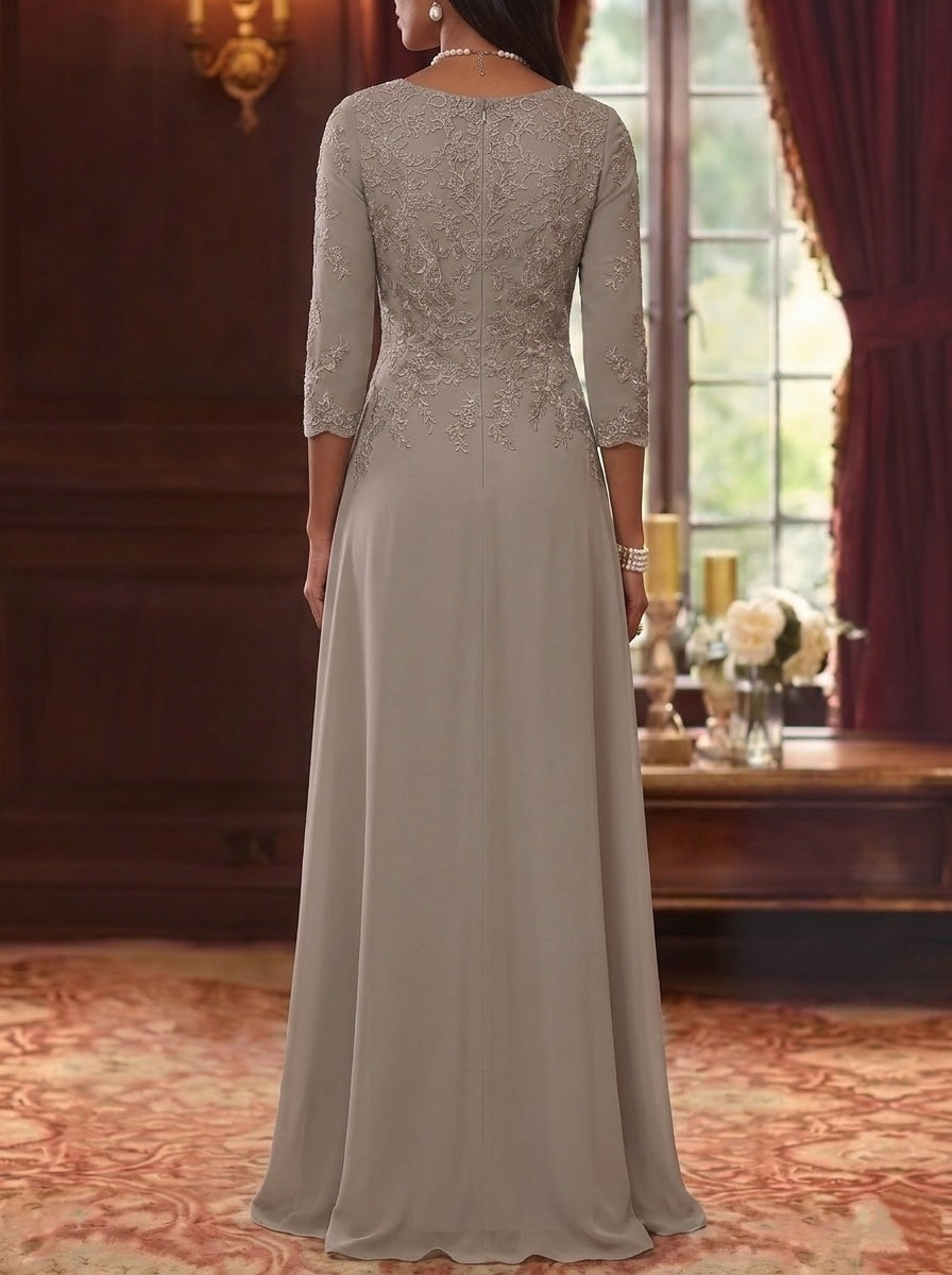 A Line Princess Scoop Chiffon Mother Of The Bride Dresses 3 4 Sleeves Lace Floor Length With Pleated