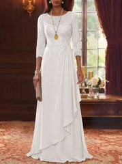 A Line Princess Scoop Chiffon Mother Of The Bride Dresses 3 4 Sleeves Lace Floor Length With Pleated