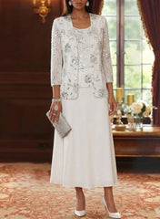 A Line Princess Scoop Chiffon Mother Of The Bride Dresses With Jacket Sequins Tea Length 3 4 Sleeves Floral