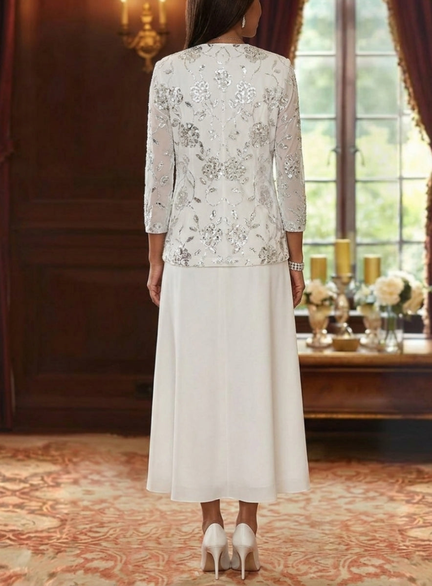 A Line Princess Scoop Chiffon Mother Of The Bride Dresses With Jacket Sequins Tea Length 3 4 Sleeves Floral