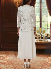 A Line Princess Scoop Chiffon Mother Of The Bride Dresses With Jacket Sequins Tea Length 3 4 Sleeves Floral