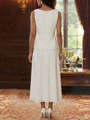 A Line Princess Scoop Chiffon Mother Of The Bride Dresses With Jacket Sequins Tea Length 3 4 Sleeves Floral
