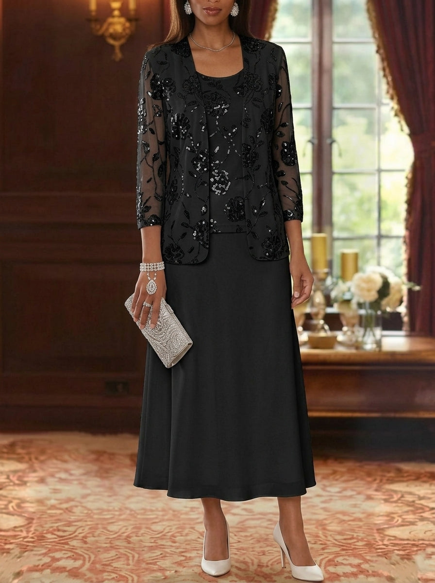 A Line Princess Scoop Chiffon Mother Of The Bride Dresses With Jacket Sequins Tea Length 3 4 Sleeves Floral
