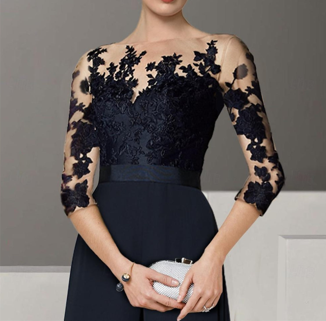 A Line Princess Jewel Neck 3 4 Length Sleeves Floor Length Mother Of The Bride Jumpsuits With Applique