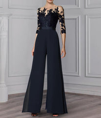 A Line Princess Jewel Neck 3 4 Length Sleeves Floor Length Mother Of The Bride Jumpsuits With Applique