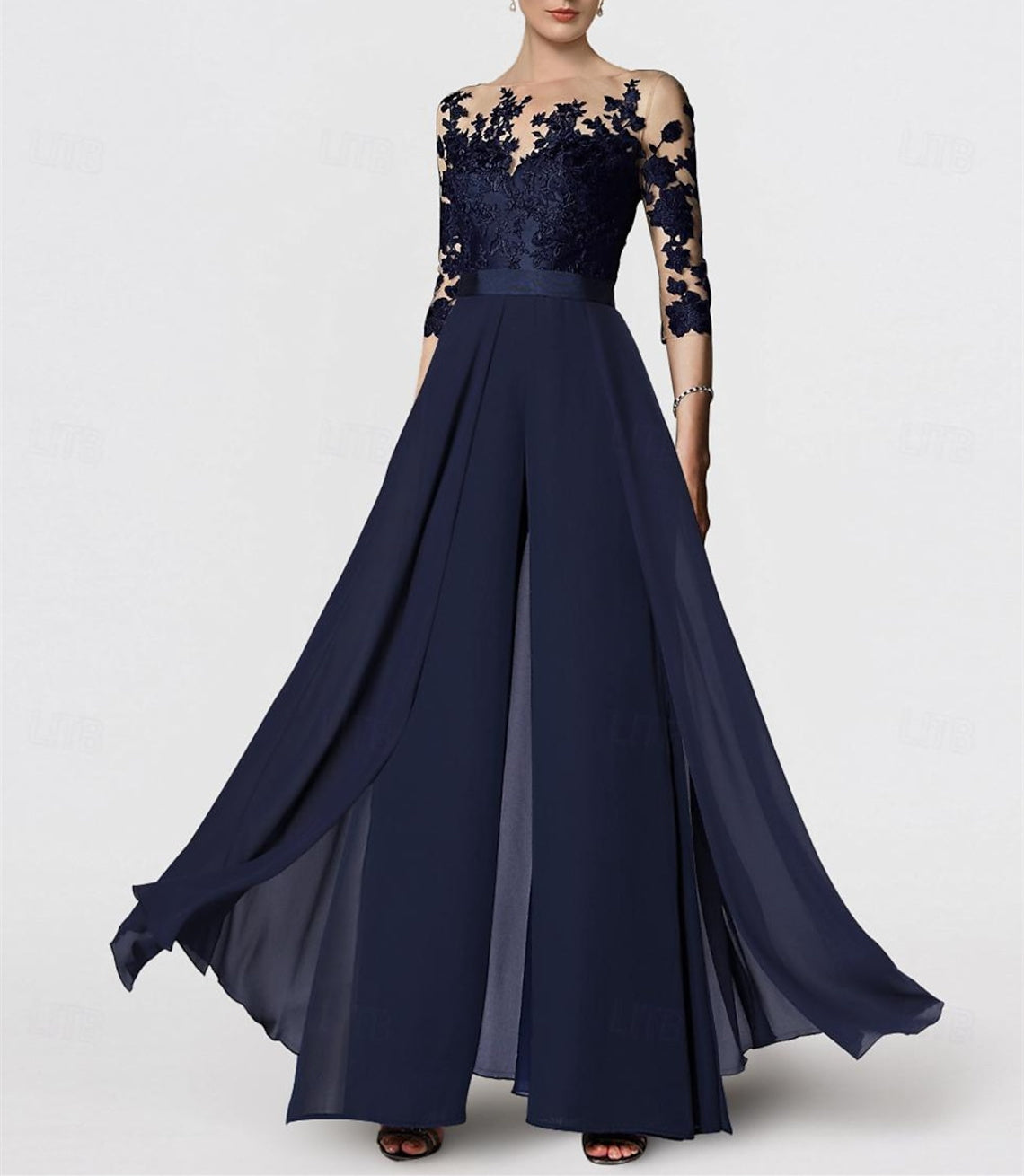 A Line Princess Jewel Neck 3 4 Length Sleeves Floor Length Mother Of The Bride Jumpsuits With Applique