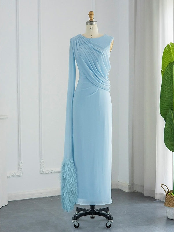Sheath/Column Sweep/Brush Train Sleeveless Cowl Neck Evening Dresses Chiffon with Feather Ruched Slit