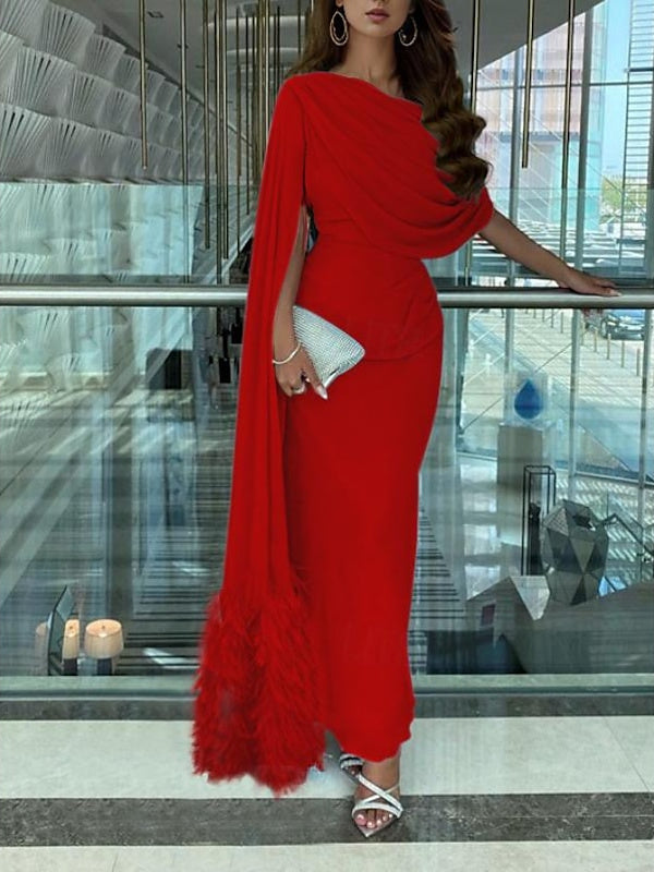 Sheath Column Sweep Brush Train Sleeveless Cowl Neck Evening Dresses Chiffon With Feather Ruched Slit