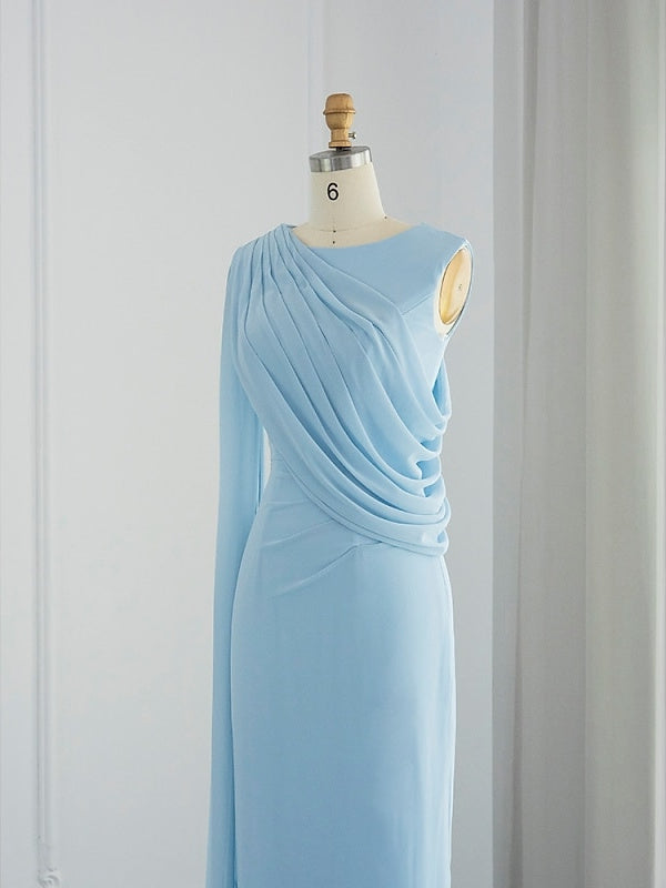 Sheath Column Sweep Brush Train Sleeveless Cowl Neck Evening Dresses Chiffon With Feather Ruched Slit