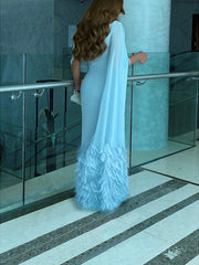 Sheath Column Sweep Brush Train Sleeveless Cowl Neck Evening Dresses Chiffon With Feather Ruched Slit