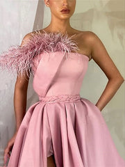 A Line Floor Length Sleeveless One Shoulder Prom Dress Satin With Feather Slit