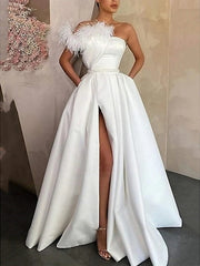 A Line Floor Length Sleeveless One Shoulder Prom Dress Satin With Feather Slit