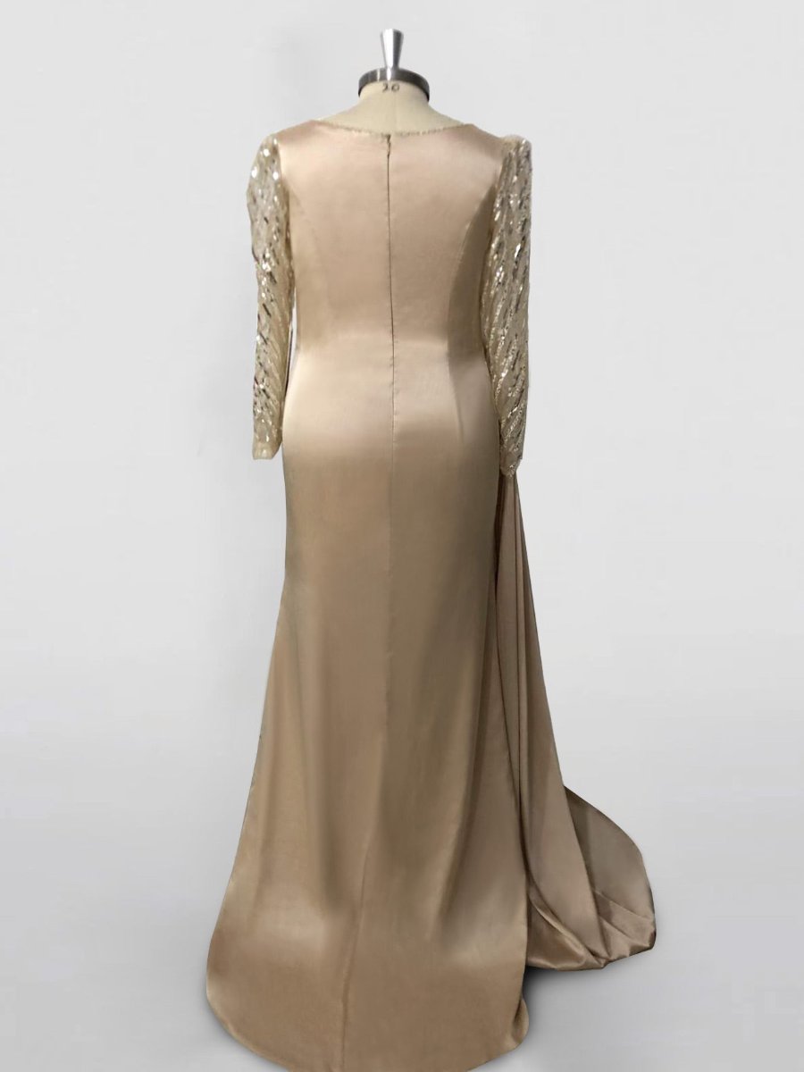Mermaid Trumpet Jewel Neck Evening Dresses Sweep Brush Train Long Sleeve Prom Party Dress Satin With Ruched Slit