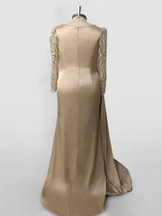 Mermaid Trumpet Jewel Neck Evening Dresses Sweep Brush Train Long Sleeve Prom Party Dress Satin With Ruched Slit