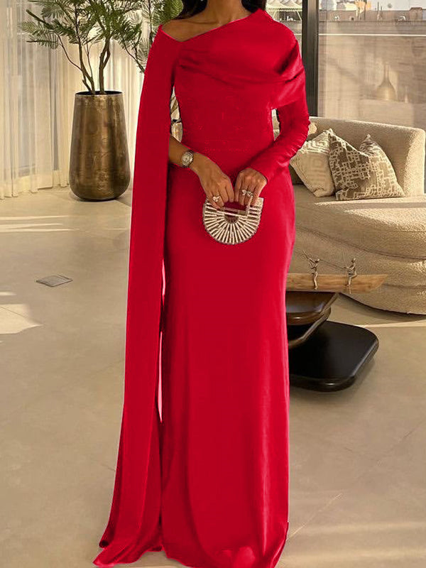 Sheath Column Floor Length Evening Dresses Long Sleeves Silk Like Satin With Ruched