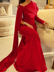Sheath Column Floor Length Evening Dresses Long Sleeves Silk Like Satin With Ruched