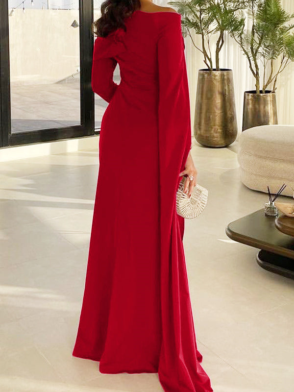 Sheath Column Floor Length Evening Dresses Long Sleeves Silk Like Satin With Ruched