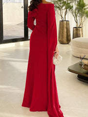 Sheath Column Floor Length Evening Dresses Long Sleeves Silk Like Satin With Ruched