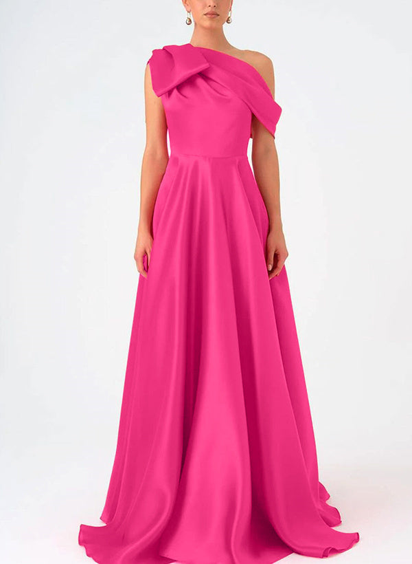 A-Line One-Shoulder Floor Evening Dresses Length Sleeveless Prom Dress Satin With Bow(s)