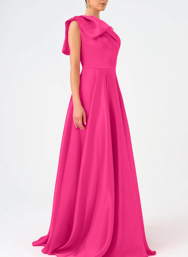 A Line One Shoulder Floor Evening Dresses Length Sleeveless Prom Dress Satin With Bow S