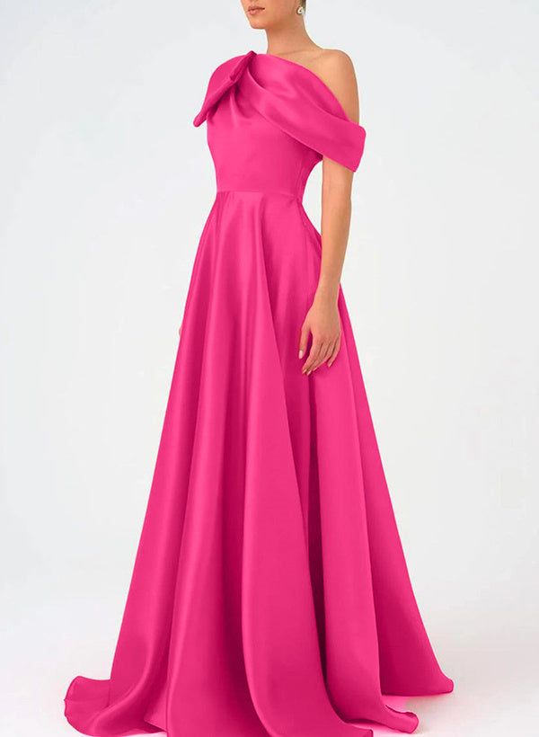 A Line One Shoulder Floor Evening Dresses Length Sleeveless Prom Dress Satin With Bow S