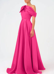 A Line One Shoulder Floor Evening Dresses Length Sleeveless Prom Dress Satin With Bow S
