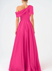 A Line One Shoulder Floor Evening Dresses Length Sleeveless Prom Dress Satin With Bow S