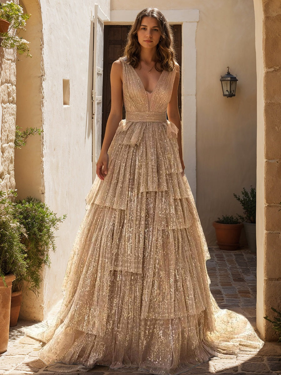 Shiny A Line Princess V Neck Sleeveless Evening Dresses With Belt Ruffles