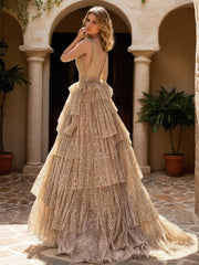 Shiny A Line Princess V Neck Sleeveless Evening Dresses With Belt Ruffles