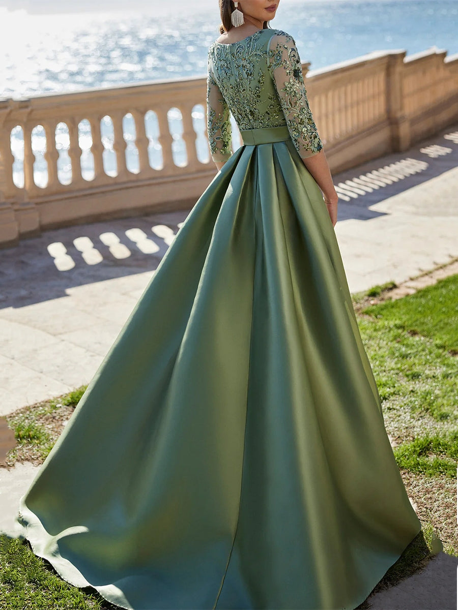 A Line Princess Scoop Satin Evening Dresses Half Sleeves Floor Length Lace Party Dresses