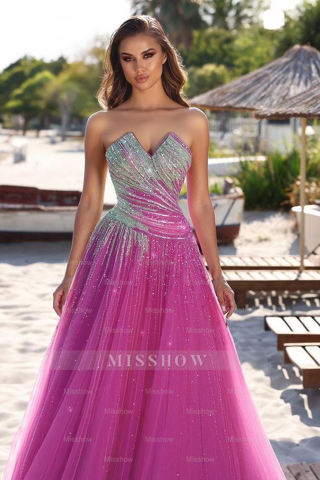 Magenta Strapless Sleeveless A-line Sequined Tulle Pleated Floor Formal Evening Dress
