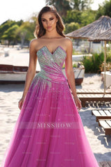 Magenta Strapless Sleeveless A-line Sequined Tulle Pleated Floor Formal Evening Dress