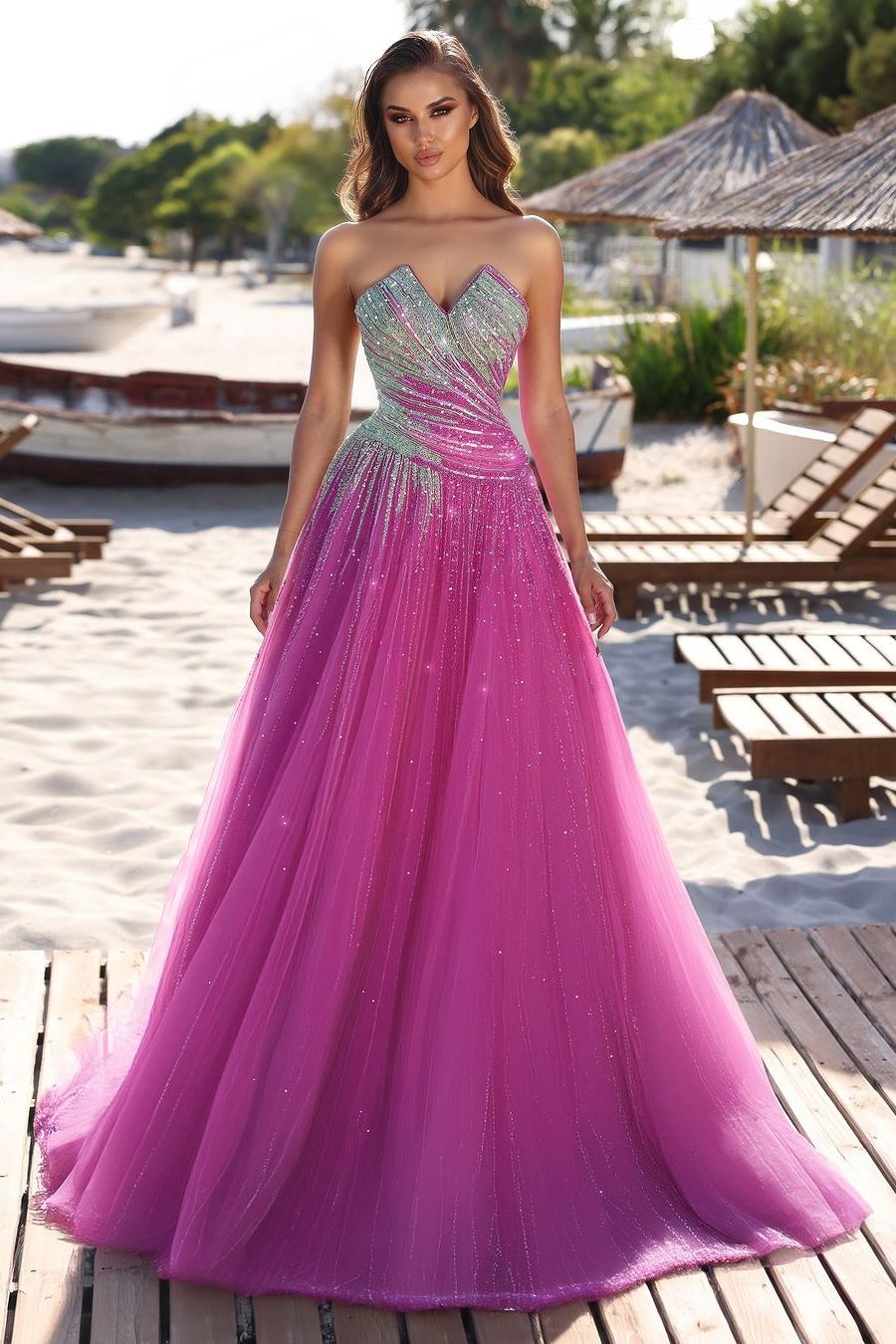 Magenta Strapless Sleeveless A-line Sequined Tulle Pleated Floor Formal Evening Dress