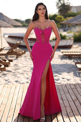 Magenta Sweetheart Sleeveless Mermaid Satin Beaded High Slit Floor Formal Evening Gown