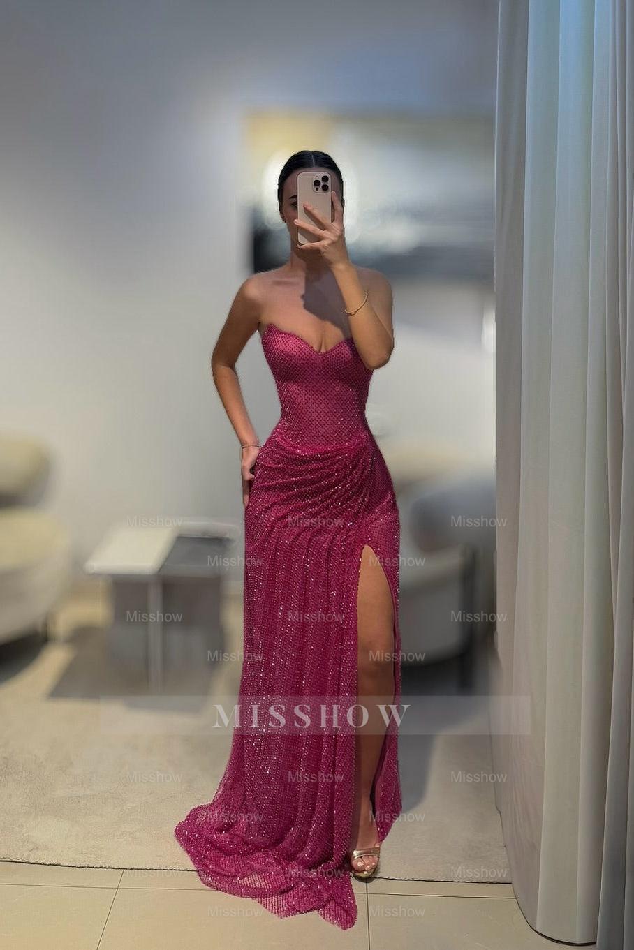 Magenta Sweetheart Sleeveless Sequined Mermaid Floor Length Formal Evening Dress