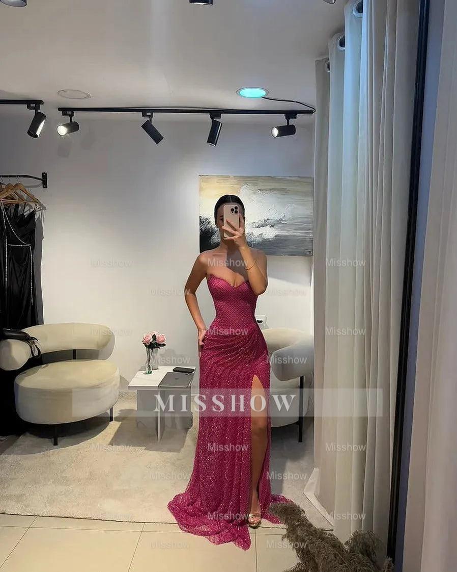 Magenta Sweetheart Sleeveless Sequined Mermaid Floor Length Formal Evening Dress