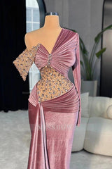 Mauve One Shoulder Long Sleeve Mermaid Sequined Velvet Floor Length Evening Dress