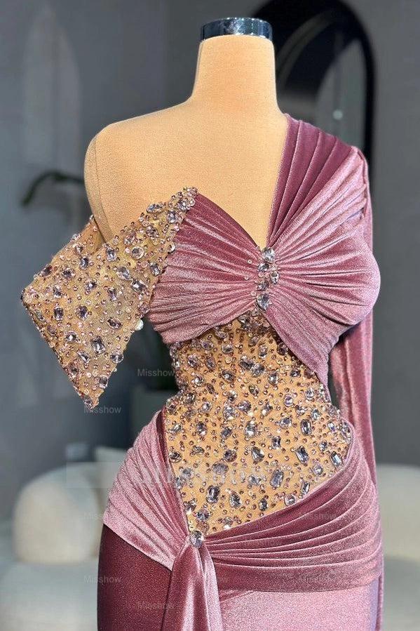 Mauve One Shoulder Long Sleeve Mermaid Sequined Velvet Floor Length Evening Dress