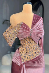 Mauve One Shoulder Long Sleeve Mermaid Sequined Velvet Floor Length Evening Dress