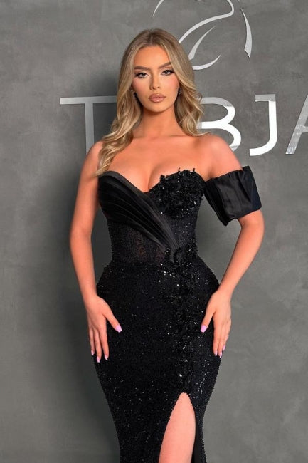 Mermaid Black Sweetheart Split Front Sleeveless Stain Prom Evening Dresses with Beadings