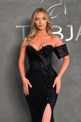 Mermaid Black Sweetheart Split Front Sleeveless Stain Prom Evening Dresses with Beadings