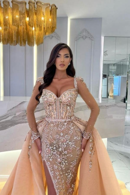 Mermaid Champagne Split Front Sweetheart Straps Prom Evening Dresses with Beadings