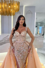 Mermaid Champagne Split Front Sweetheart Straps Prom Evening Dresses with Beadings