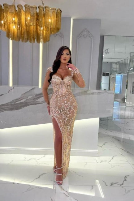 Mermaid Champagne Split Front Sweetheart Straps Prom Evening Dresses with Beadings