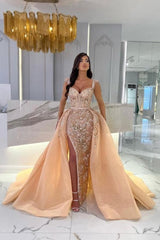Mermaid Champagne Split Front Sweetheart Straps Prom Evening Dresses with Beadings