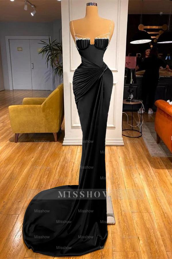 Mermaid Dark Green Spaghetti Strap Sleeveless Long Formal Dress With Beadings