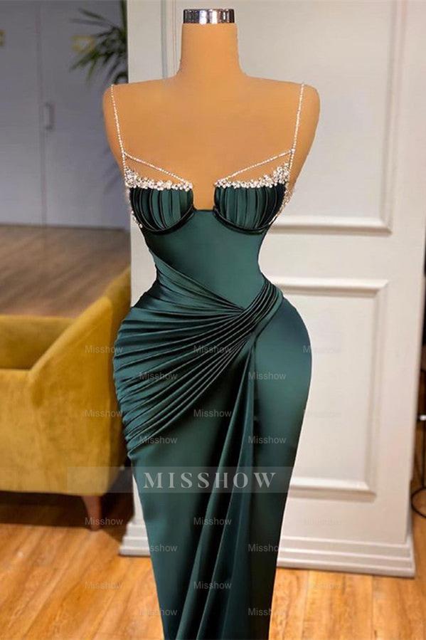 Mermaid Dark Green Spaghetti Strap Sleeveless Long Formal Dress With Beadings