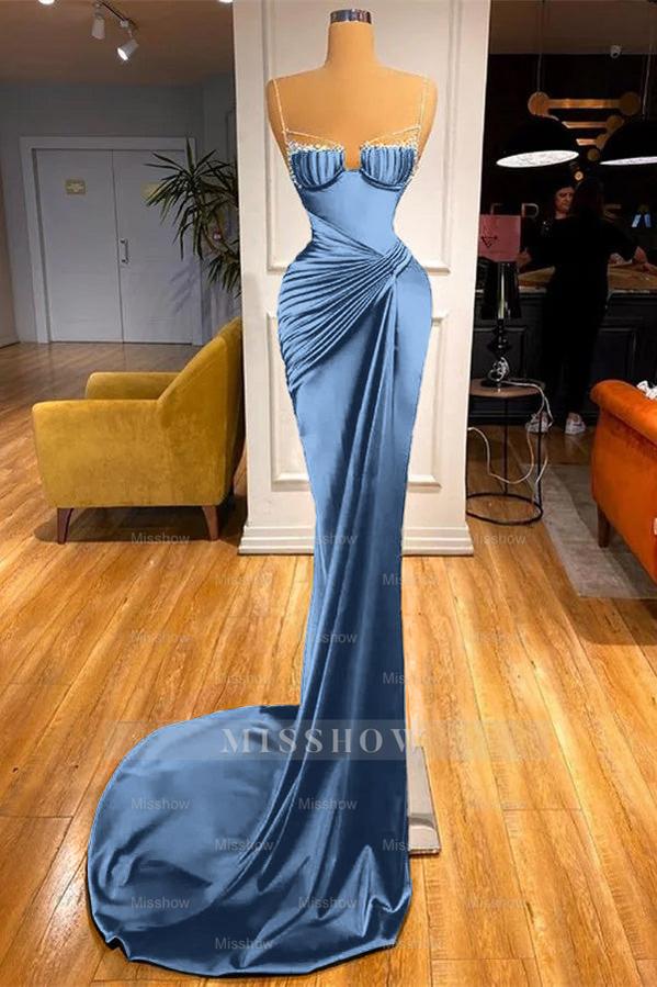 Mermaid Dark Green Spaghetti Strap Sleeveless Long Formal Dress With Beadings